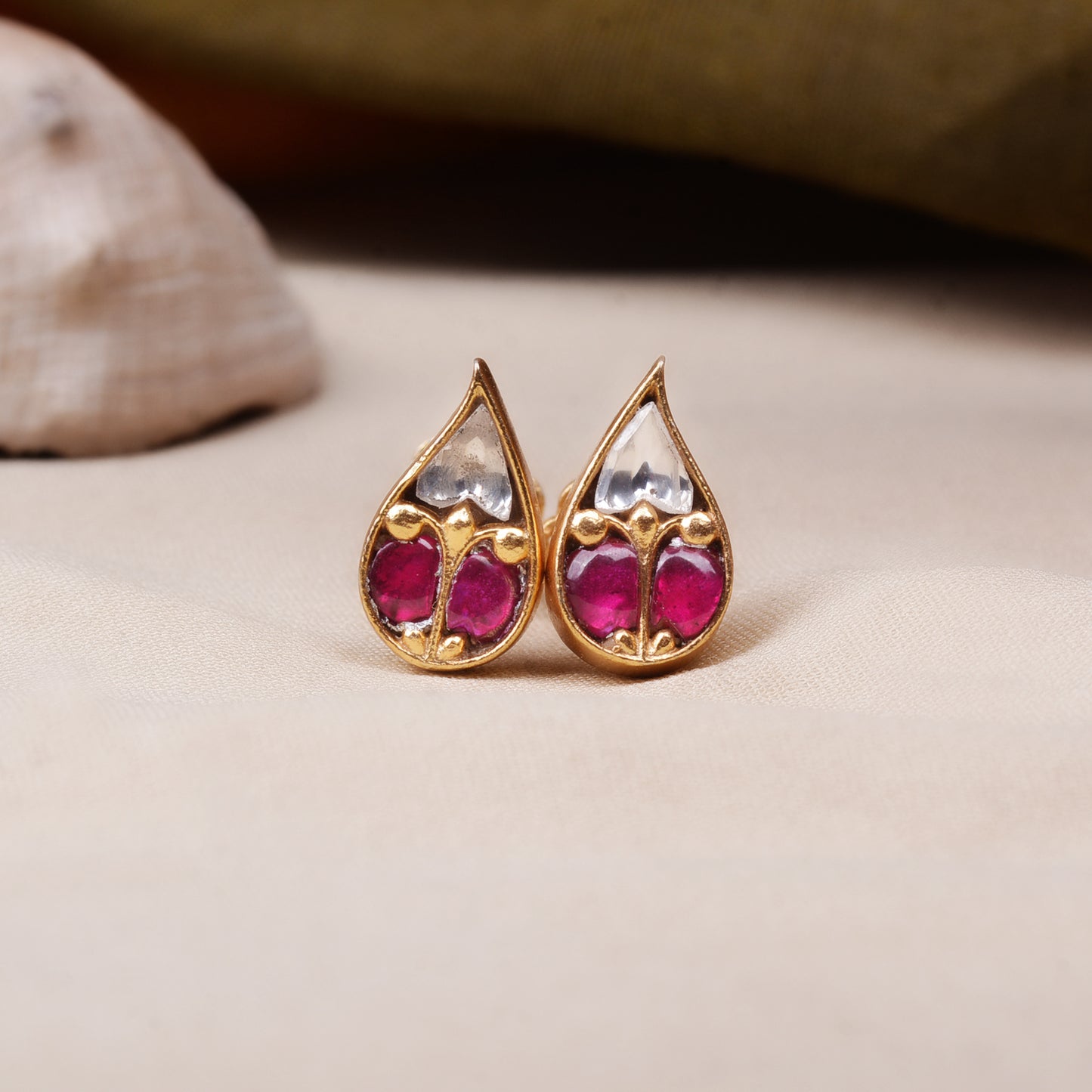 Gold Plated 925 Sterling Silver Gold Plated Ruby Leaf  Earrings