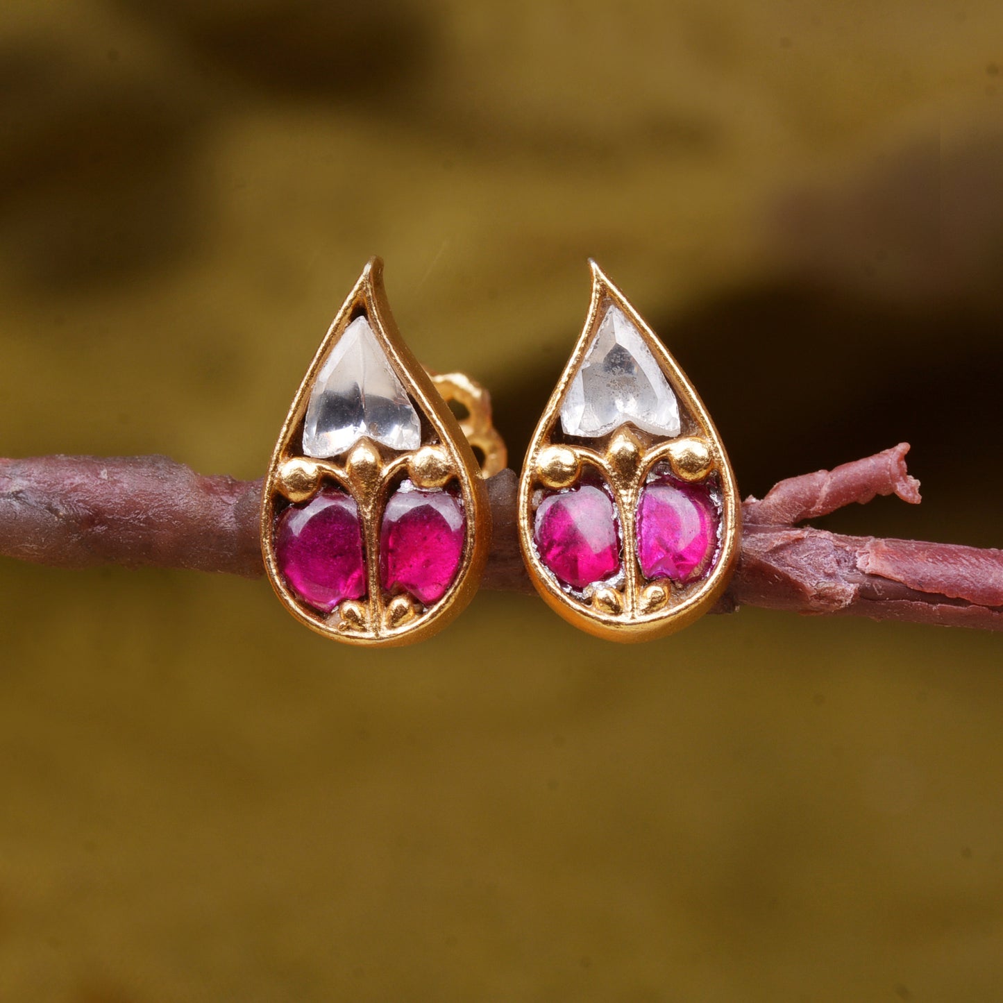 Gold Plated 925 Sterling Silver Gold Plated Ruby Leaf  Earrings